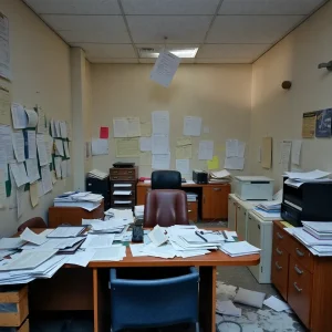 Abandoned office with scattered financial reports and paperwork.