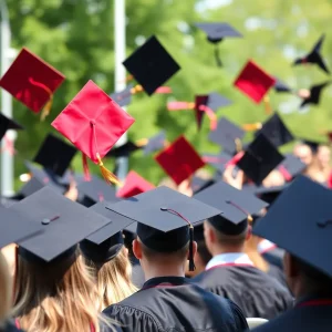 Graduation caps flying in celebration at outdoor ceremony.