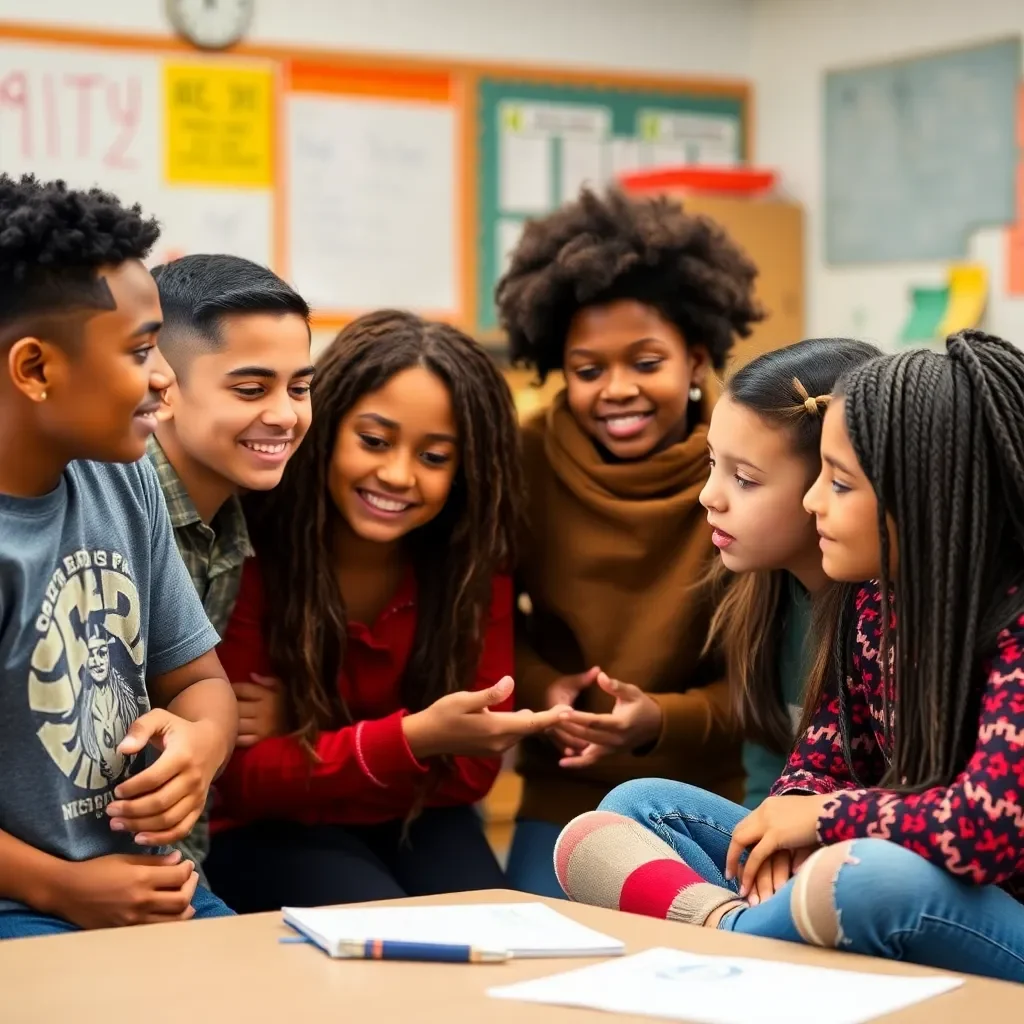 Diverse students collaborating peacefully in a classroom setting.