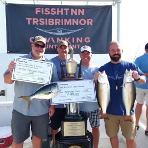 Fishing tournament trophy with cash prize display.