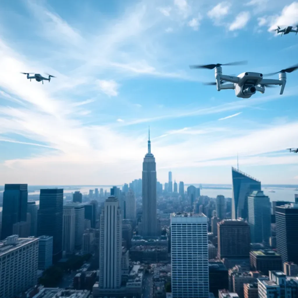 Drones flying above city skyline during sunset