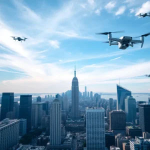 Drones flying above city skyline during sunset