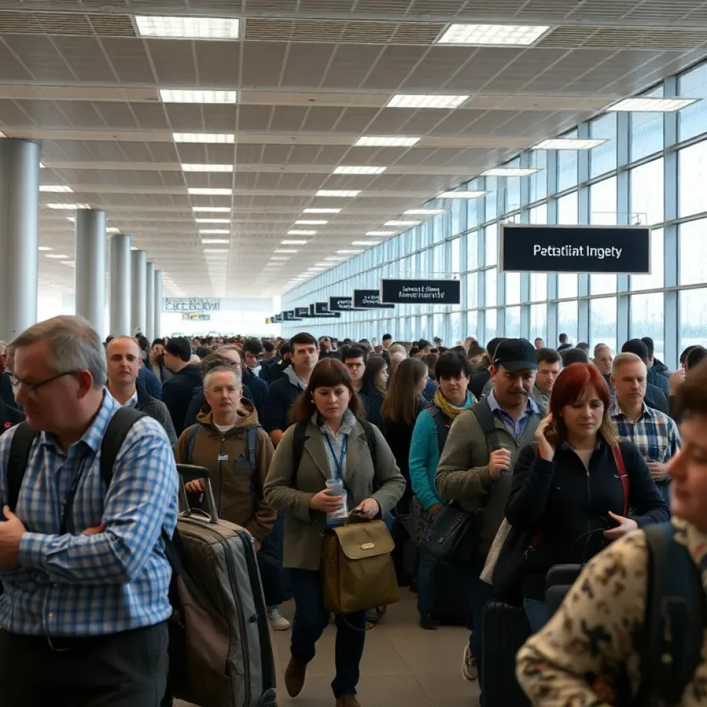 Busy airport terminal affected by bad weather during holiday travels.