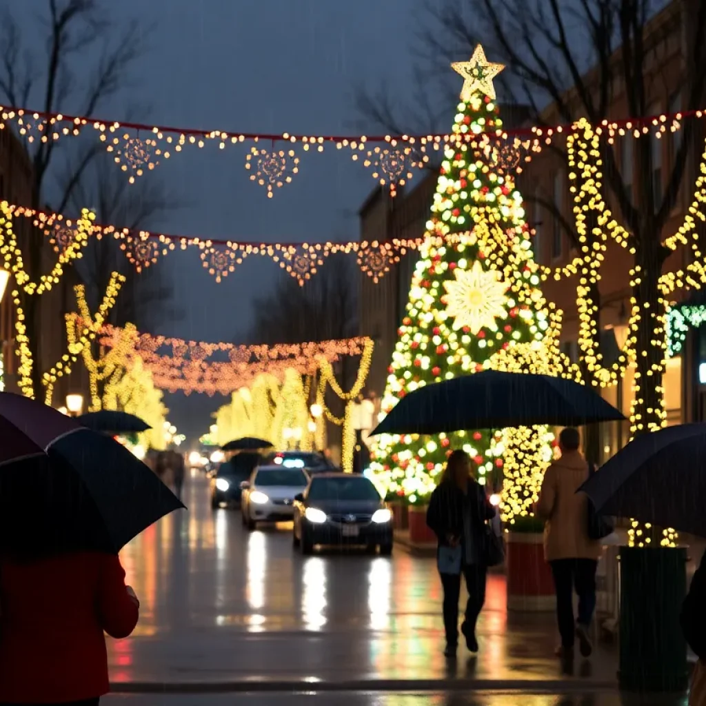 Rainy Christmas scene in Shreveport, LA with Christmas lights.