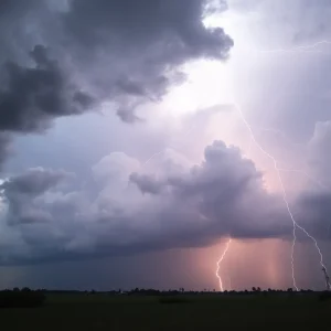 Dark storm clouds over a Louisiana landscape indicating severe thunderstorms.