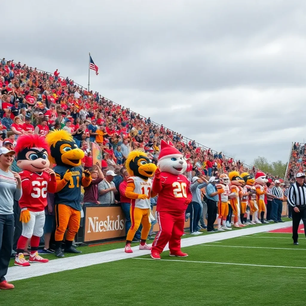 A college football game in action with fans cheering.