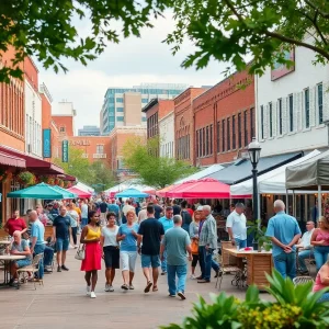 Vibrant downtown scene in Shreveport with restaurants and festival activities