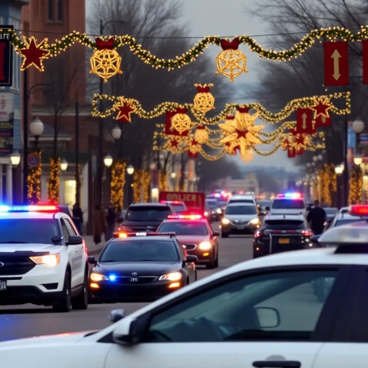 Police patrol cars on a festive Shreveport street during holiday season.