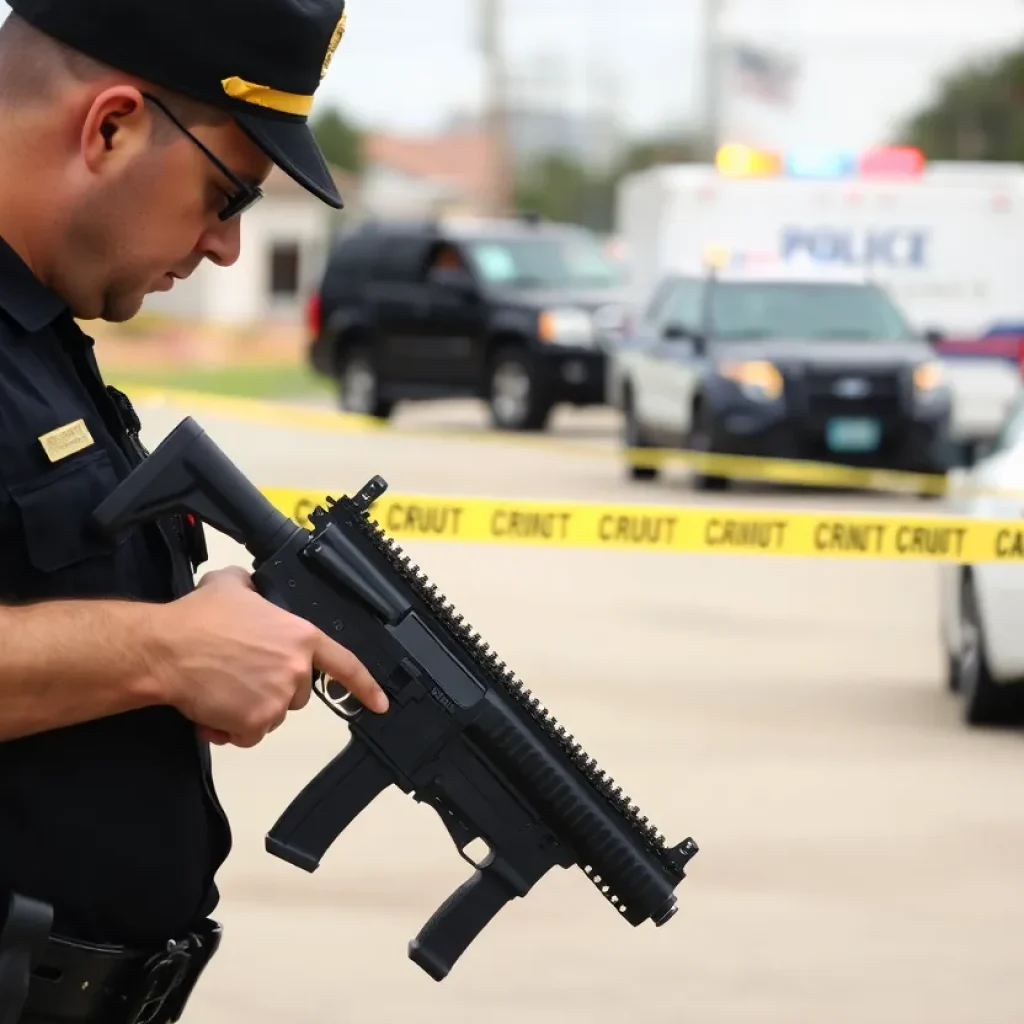 Police officers inspecting seized firearms in Shreveport, Louisiana