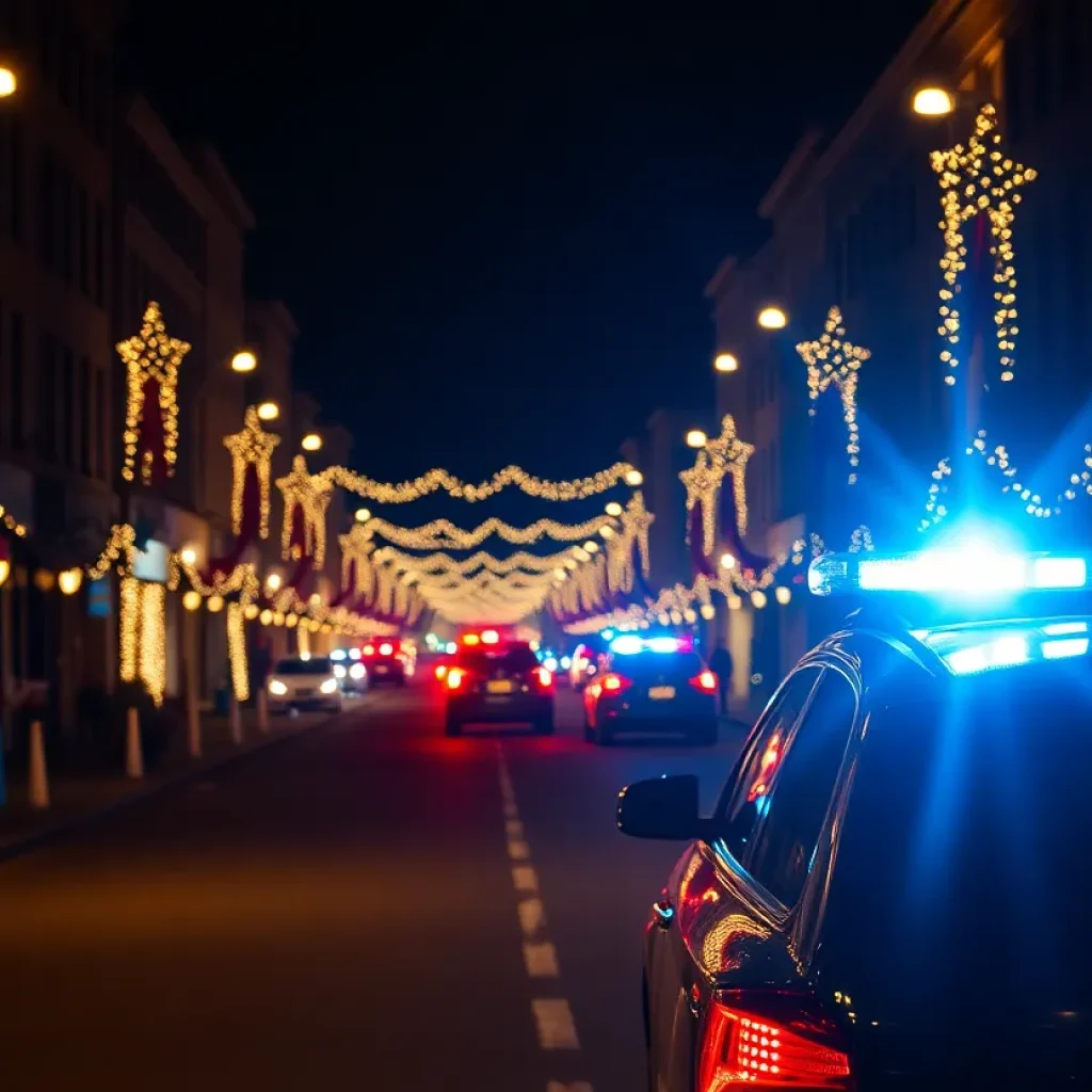 Police lights illuminating a festive street in Shreveport during Christmas night