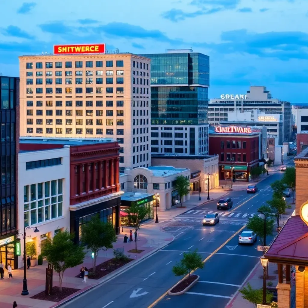 A revitalized skyline in Shreveport, Louisiana with new properties and active city life.