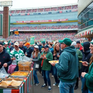 Football fans tailgating outside a stadium for the Independence Bowl 2024.