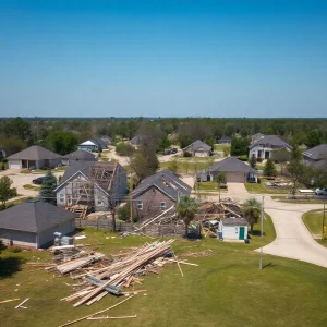 Aerial view of tornado damage in Monroe, Louisiana