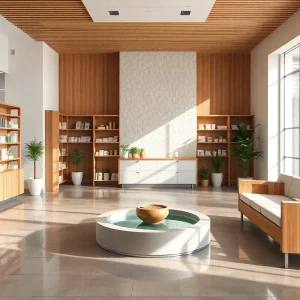 Zen-inspired waiting room of Apotheworx pharmacy in Shreveport