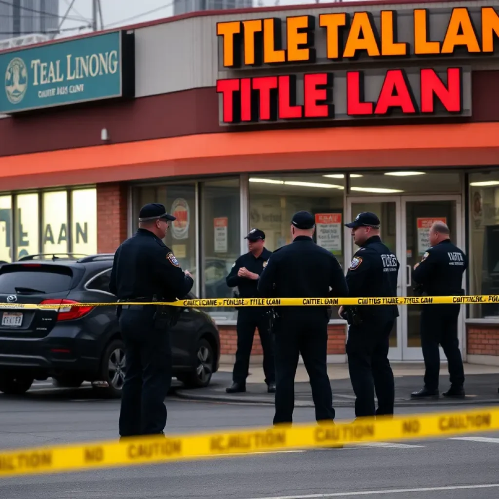 Law enforcement officers outside the CashMax Title Loan business during an armed robbery response.