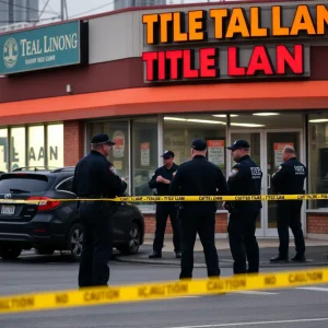 Law enforcement officers outside the CashMax Title Loan business during an armed robbery response.