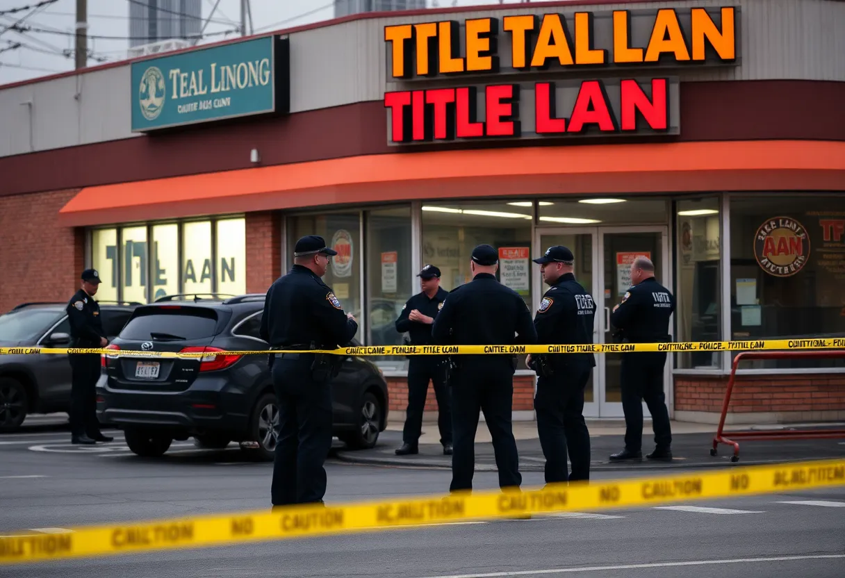 Law enforcement officers outside the CashMax Title Loan business during an armed robbery response.