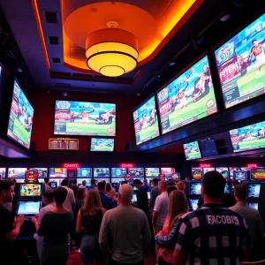 A bustling sportsbook area in a casino with patrons enjoying betting and watching sports events.