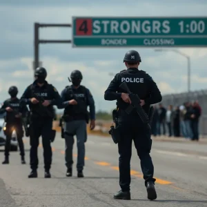 Law enforcement at Canadian border during a tense standoff