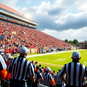 Exciting scene from a college football game with fans cheering and officials on the field.