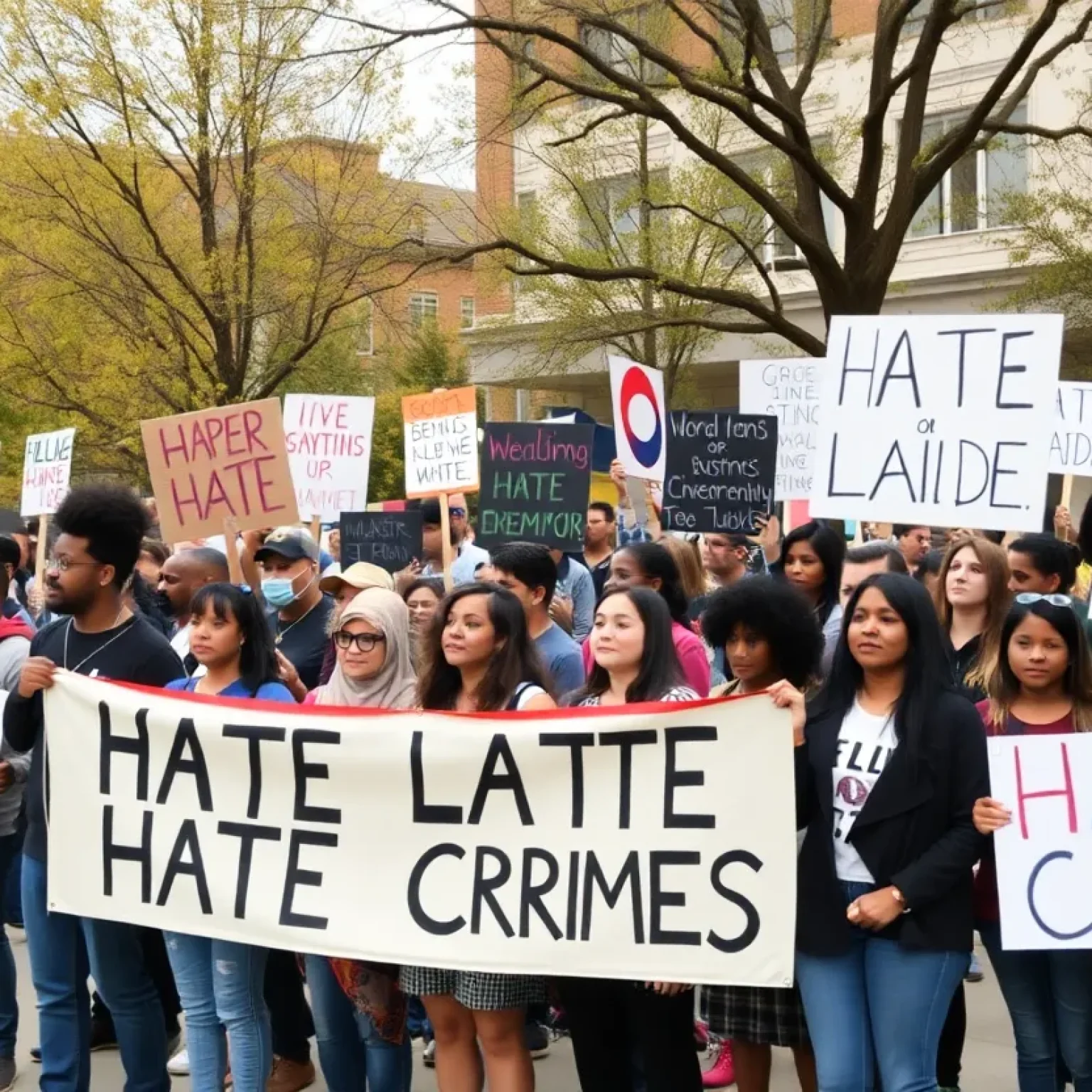 Community members holding banners protesting against hate crimes