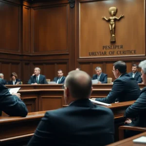 A tense courtroom scene capturing the essence of legal proceedings.