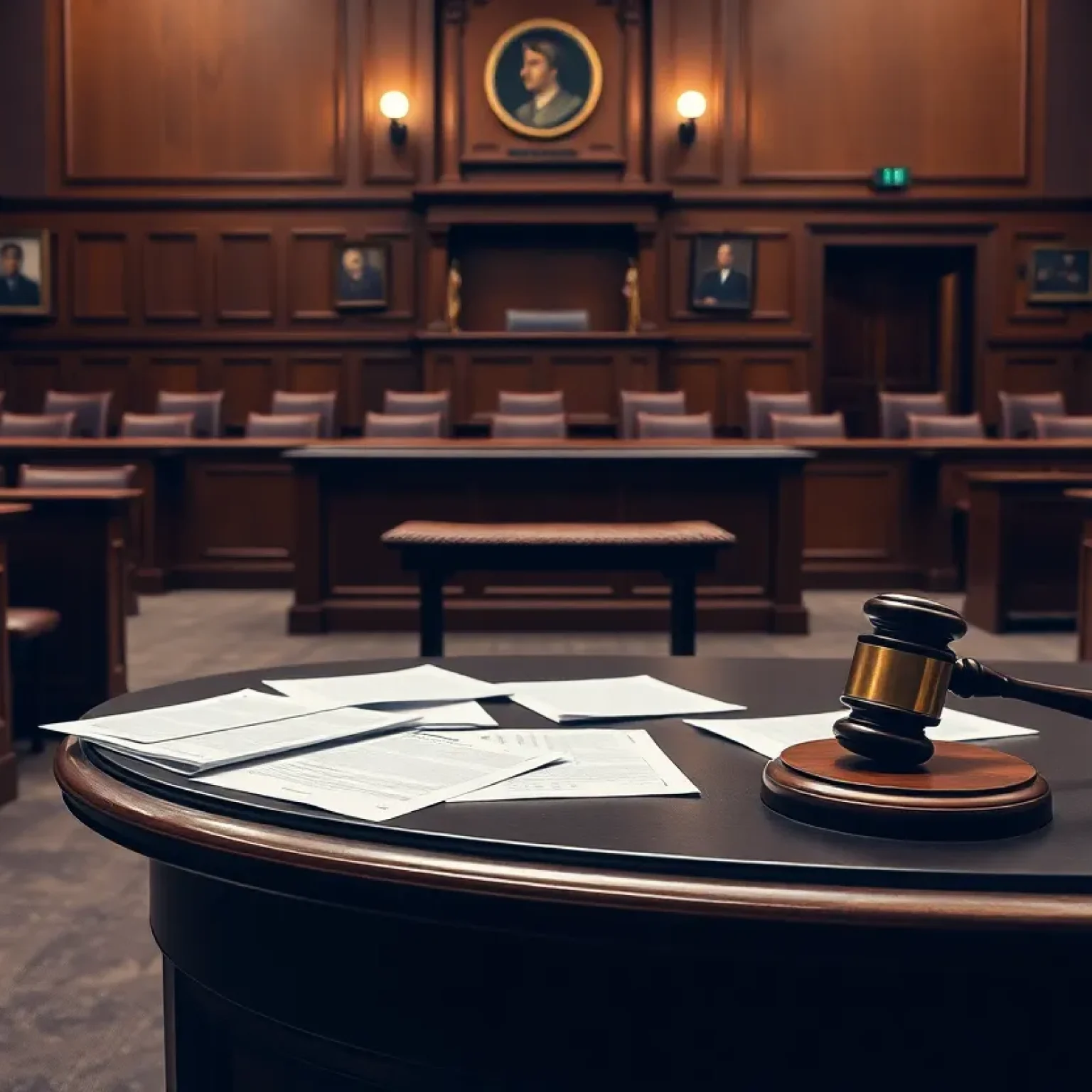 Empty courtroom emphasizing legal issues