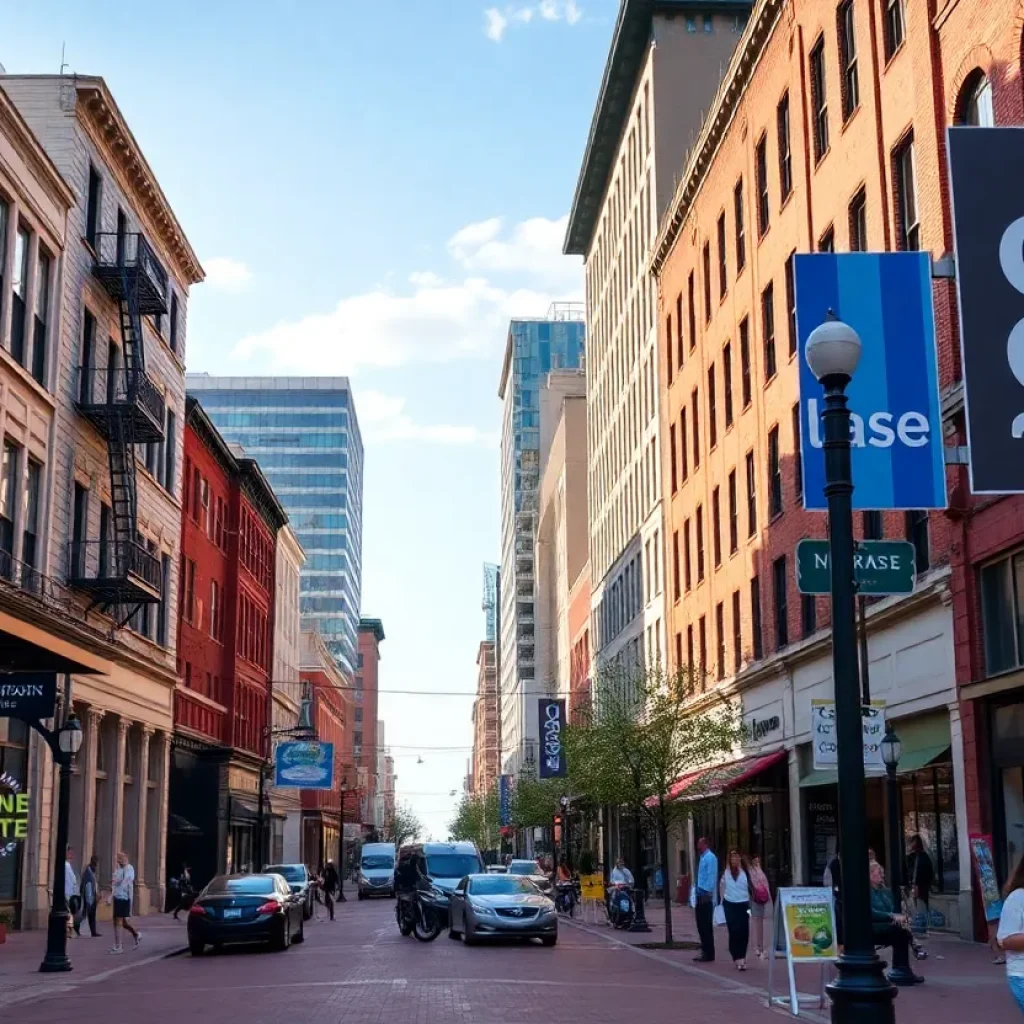 Historic buildings in downtown Shreveport with leasing signs.