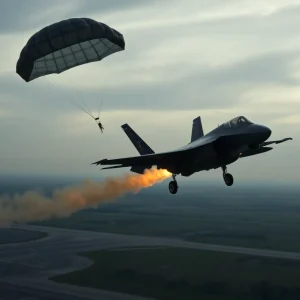 F-35 fighter jet crashing with a parachute deployed