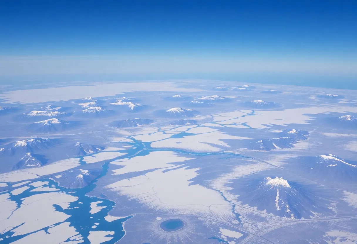 Aerial view of Greenland showcasing its icefields and rugged terrain.