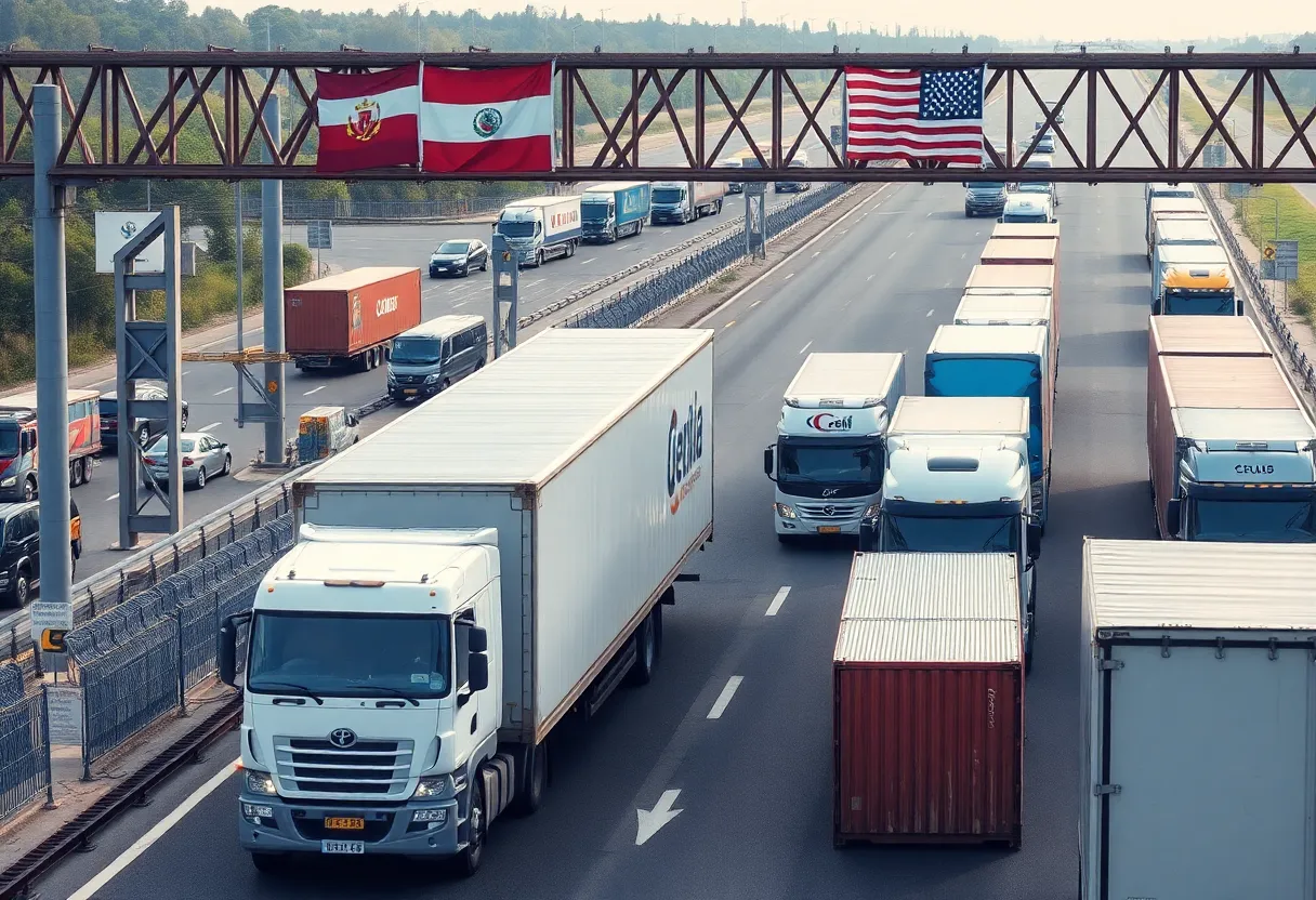 Trucks and cargo at an international border representing trade dynamics