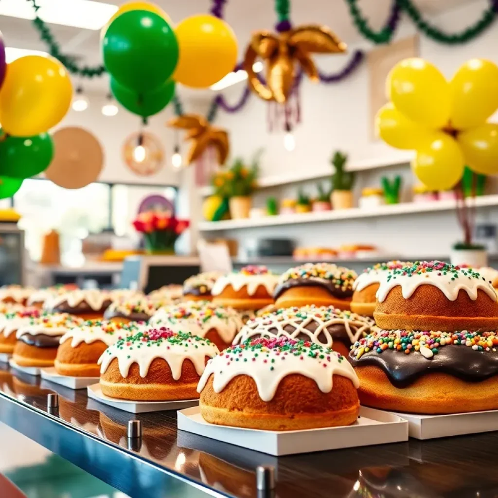 Interior of Lilah's Bakery decorated for Mardi Gras with King Cakes