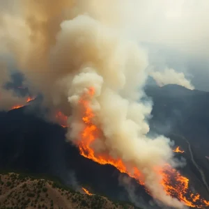 Aerial view of wildfires in Los Angeles with smoke and flames.