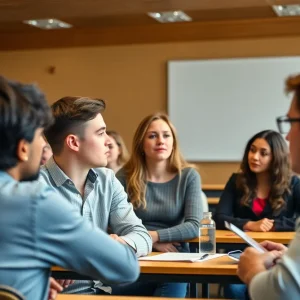 Students discussing free speech in a university classroom