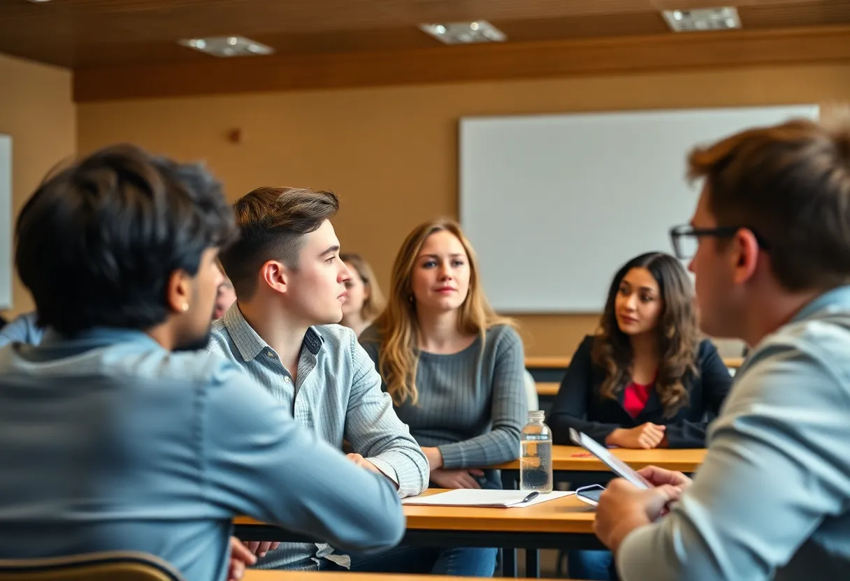 Students discussing free speech in a university classroom