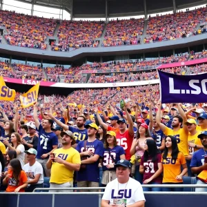 LSU football fans showing spirit at the Texas Bowl event