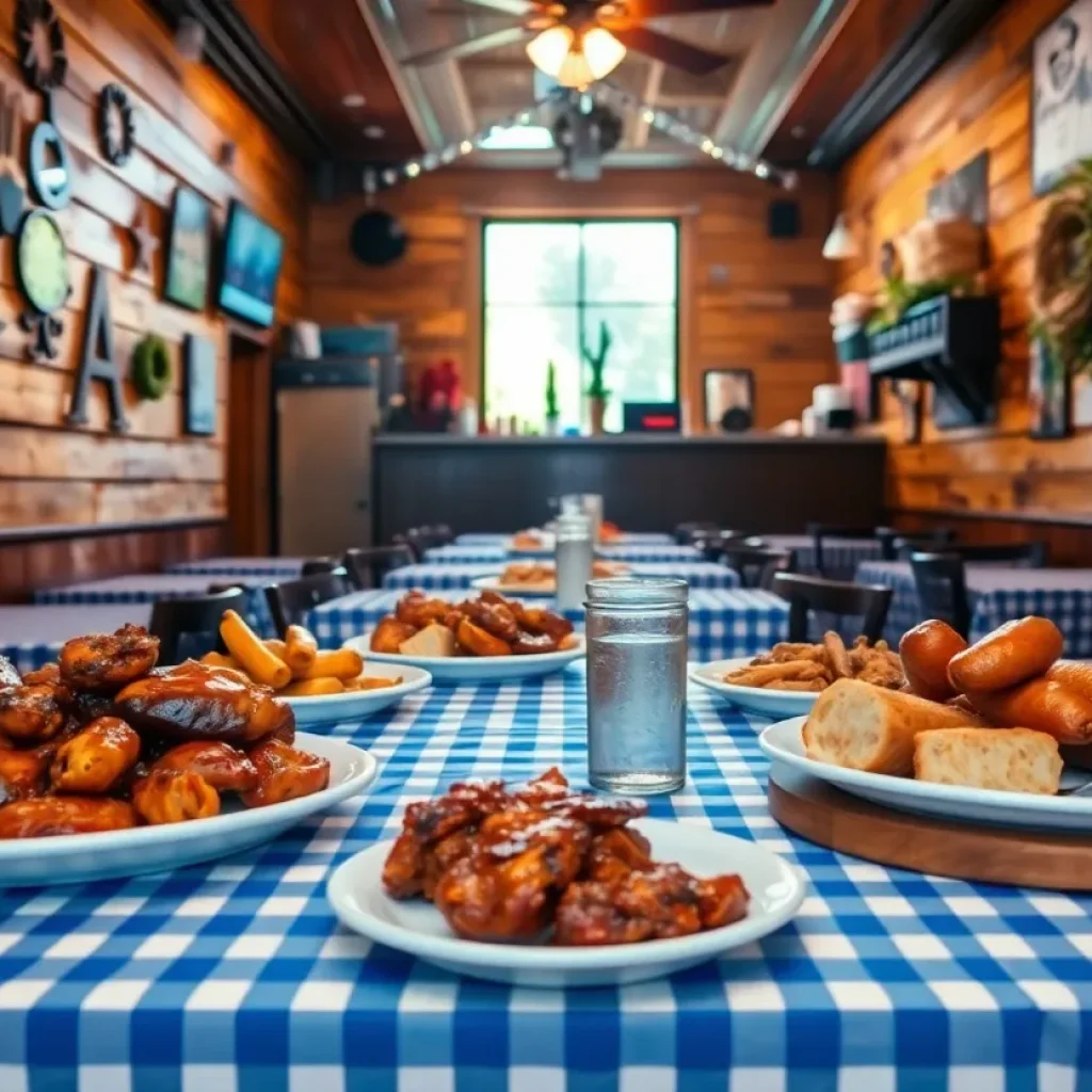 Rustic dining area in The Magnolia Pit restaurant