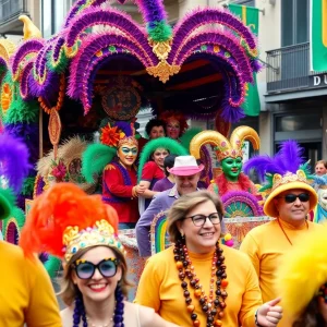 Mardi Gras parade featuring colorful floats and masked revelers in Shreveport.