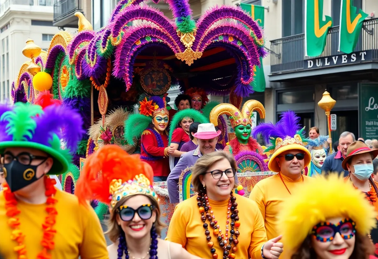 Mardi Gras parade featuring colorful floats and masked revelers in Shreveport.