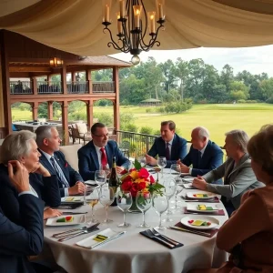 Luncheon meeting between political figures at a golf course