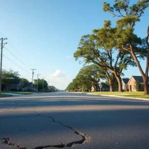 Scene depicting a 3.5 magnitude earthquake in Mooringsport, Louisiana, with cracks on the street and swaying trees.