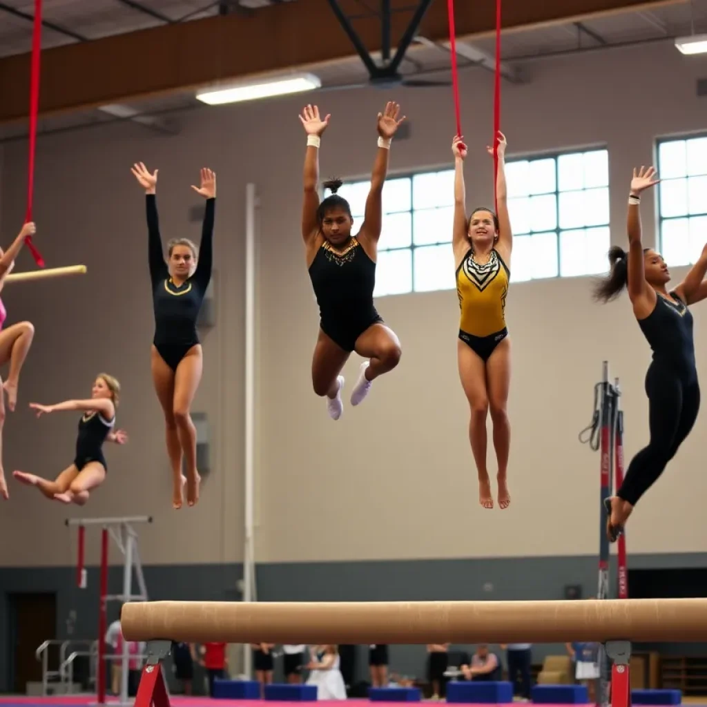 Gymnasts performing routines in a vibrant college gymnasium