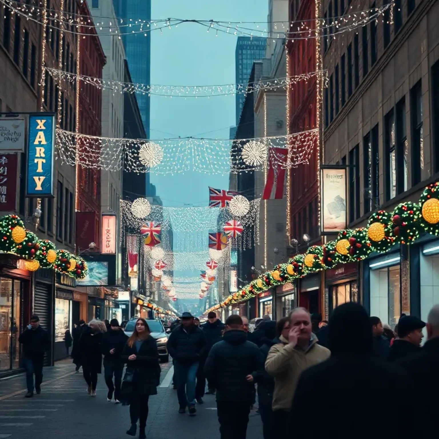 New Year's Eve celebration in New Orleans showing lively party atmosphere with muted tones to reflect sadness.