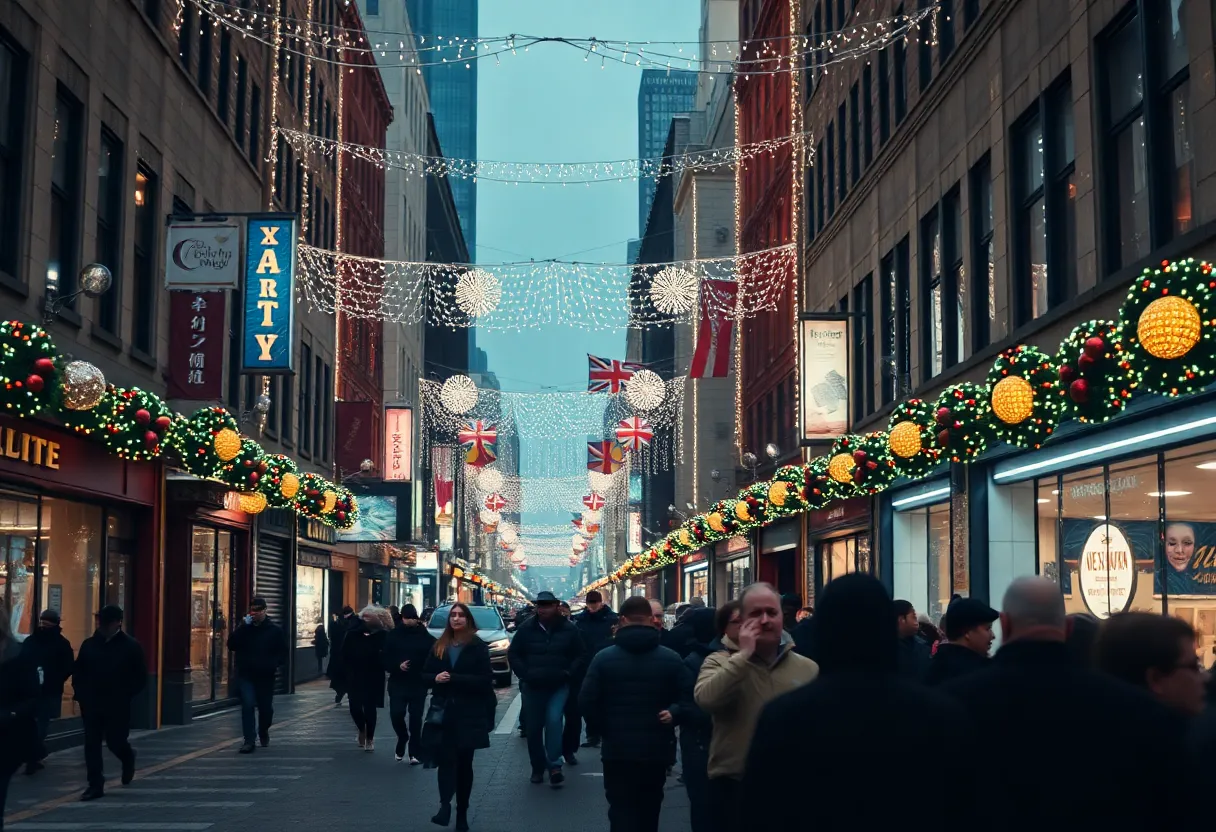 New Year's Eve celebration in New Orleans showing lively party atmosphere with muted tones to reflect sadness.