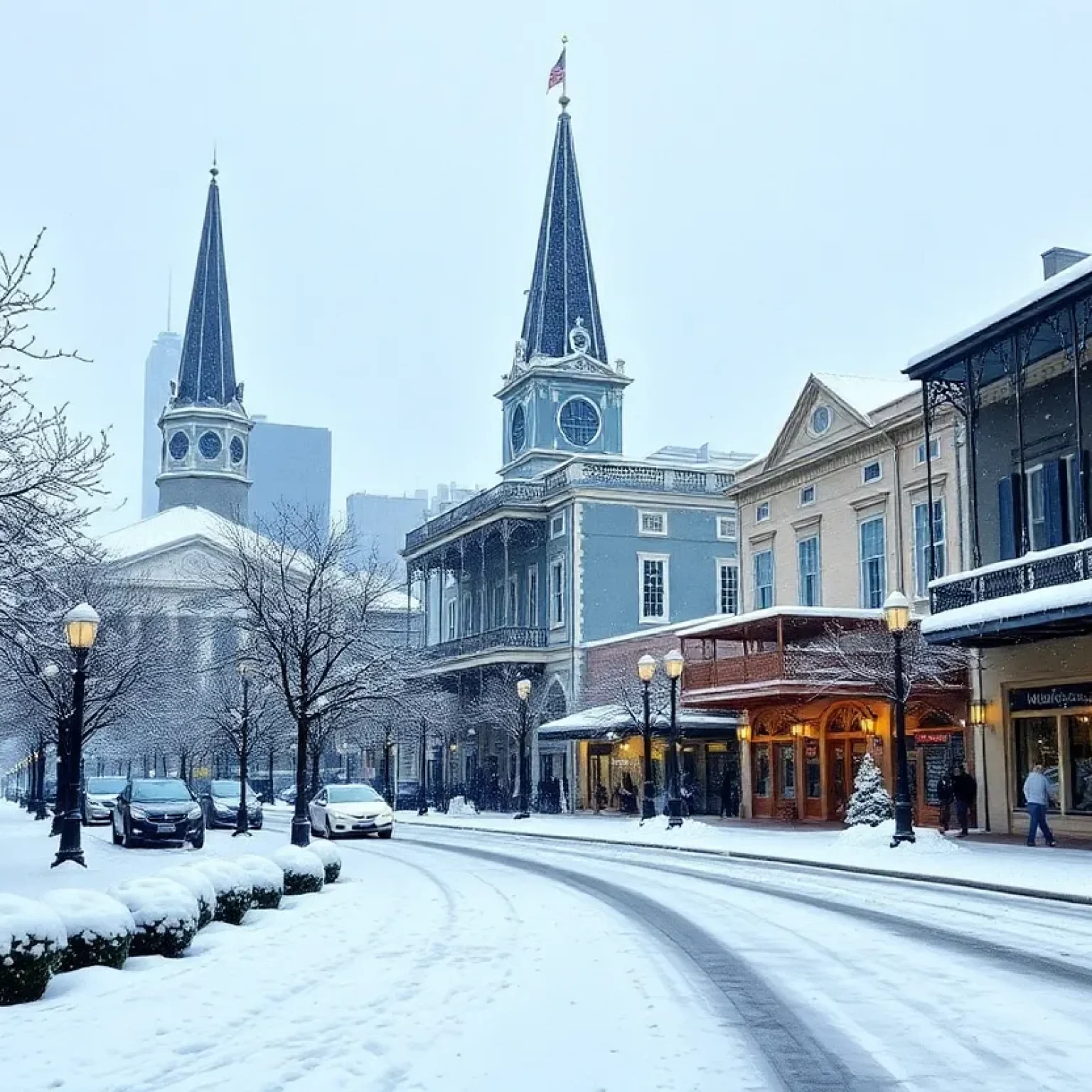 New Orleans streets covered in snow during Winter Storm Enzo