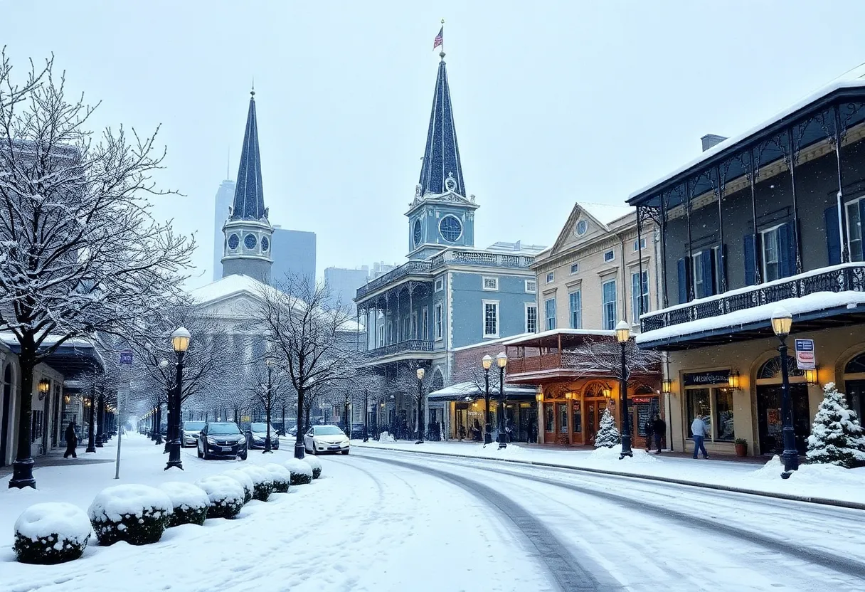 New Orleans streets covered in snow during Winter Storm Enzo