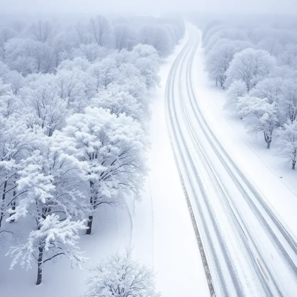 Winter landscape in North Louisiana with heavy snow covering trees and roads