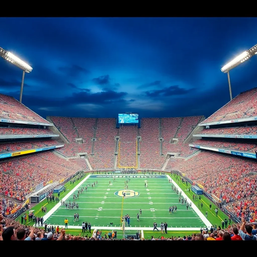 Fans cheering for Notre Dame and Ohio State in a college football matchup