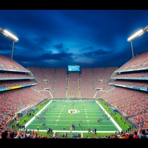 Fans cheering for Notre Dame and Ohio State in a college football matchup