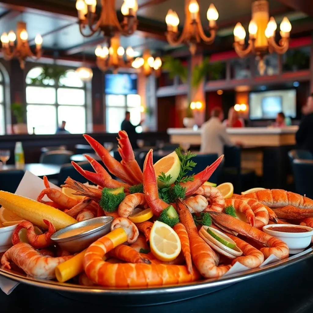 Interior of Pêche Seafood Grill with seafood platter